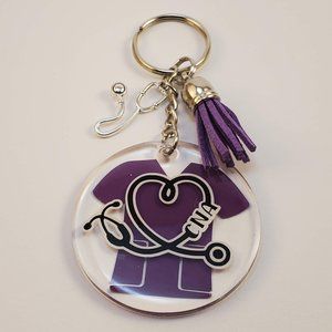 Acrylic and Resin CNA Keychain Purple Scrub Top w/ Charms and Tassel